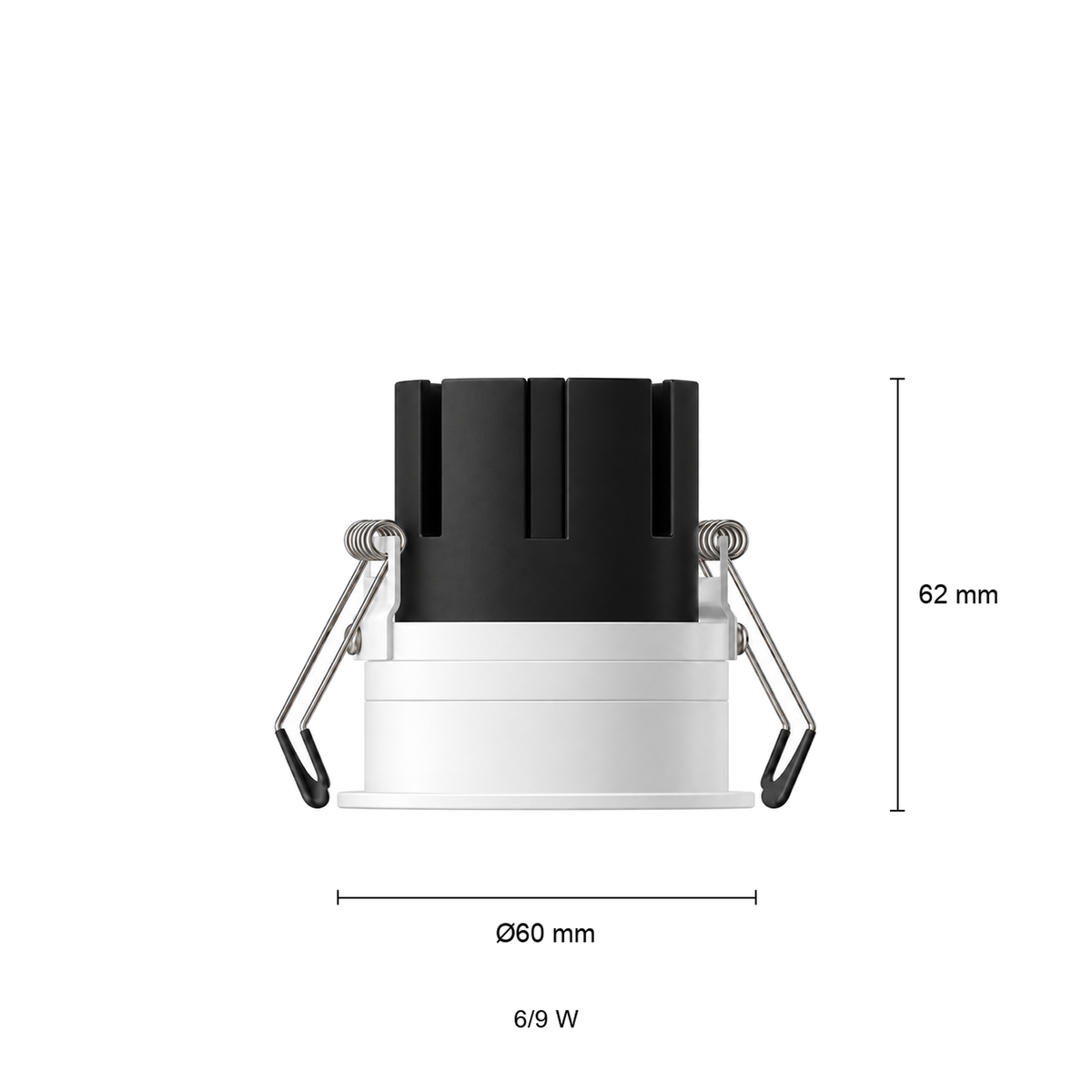 Medidas del foco empotrable Tolva S de Nexia de 6 y 9 W en blanco: vista lateral, altura 62 mm y diámetro 60 mm.