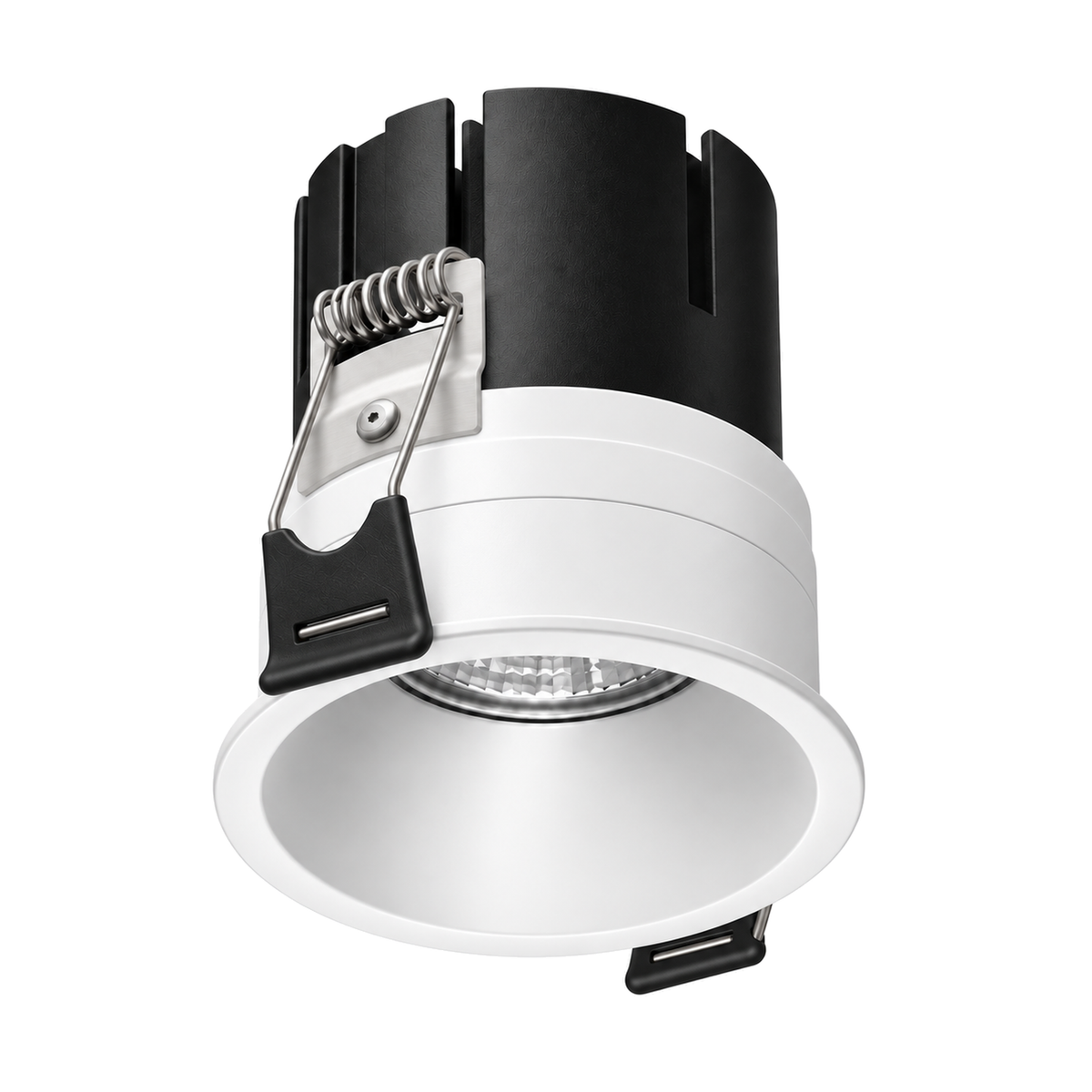 Foco empotrable Tolva S de Nexia de 9 W en acabado blanco, vista delantera del cuerpo completo y los muelles de fijación.