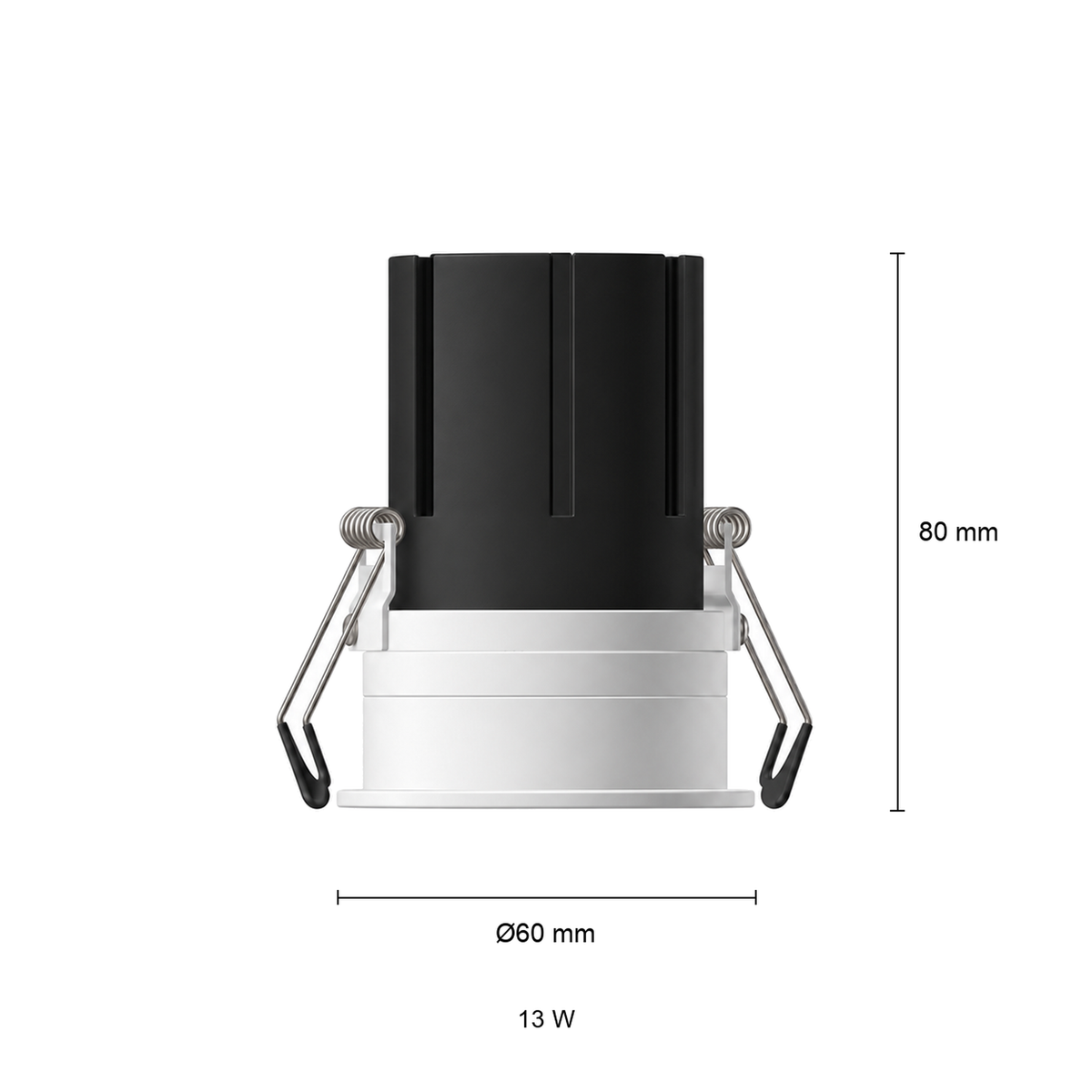 Medidas del foco empotrable Tolva S de Nexia de 13 W en blanco: vista lateral, altura 80 mm y diámetro 60 mm.