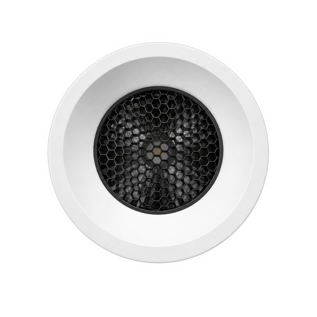 Foco empotrable Tolva S de Nexia de 9 W en acabado blanco, vista frontal con rejilla de panal de abeja negra.