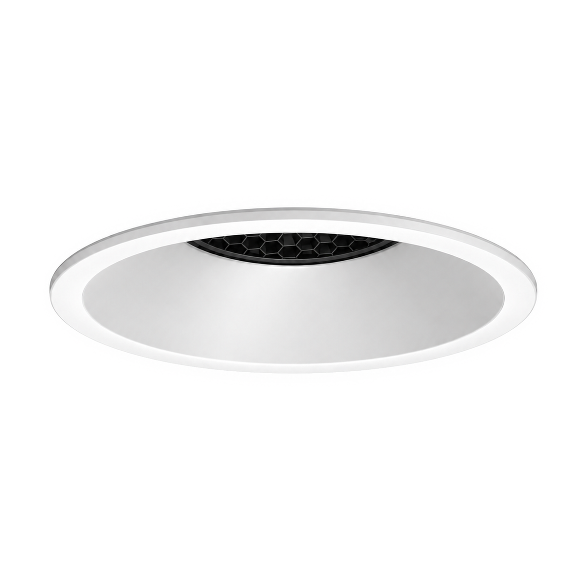 Foco empotrable Tolva S de Nexia de 9 W en acabado blanco, vista principal con rejilla de panal de abeja negra.