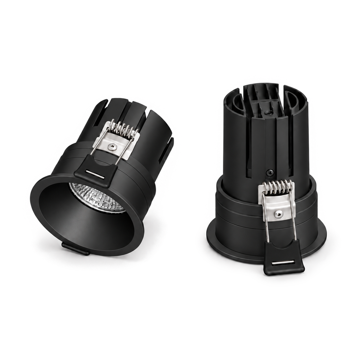 Pareja de focos empotrables Tolva S de Nexia de 9 W y 13 W en acabado negro, con los cuerpos completos.